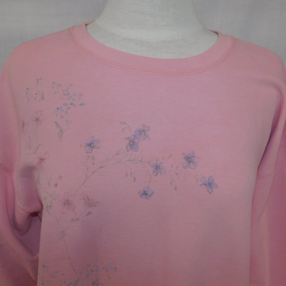 VTG 90s Northern Reflections Womens L Pink Floral Glitter detail Sweatshirt - Picture 2 of 13